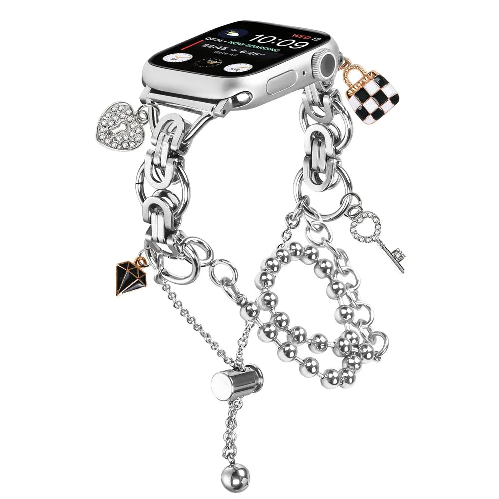 Silver Double Chain Link Metal Strap for Apple Watch Ultra 3 2 1 49mm  /  Series 11 10 46mm  /  9 8 7 45mm  /  SE3 SE2 SE 6 5 4 44mm  /  3 2 1 42mm Watch Band Drawstring Adjustable - 2
