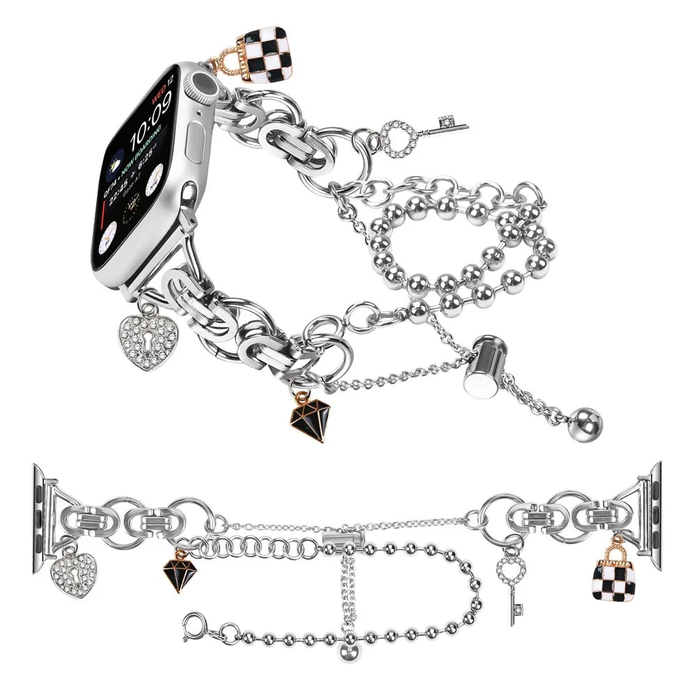 Silver Double Chain Link Metal Strap for Apple Watch Ultra 3 2 1 49mm  /  Series 11 10 46mm  /  9 8 7 45mm  /  SE3 SE2 SE 6 5 4 44mm  /  3 2 1 42mm Watch Band Drawstring Adjustable - 3