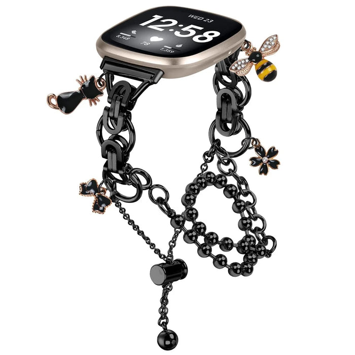 Electroplated Double Chain Link Metal Strap for Fitbit Versa 3 / Sense Watch Band Drawstring Adjustable - Black - 2
