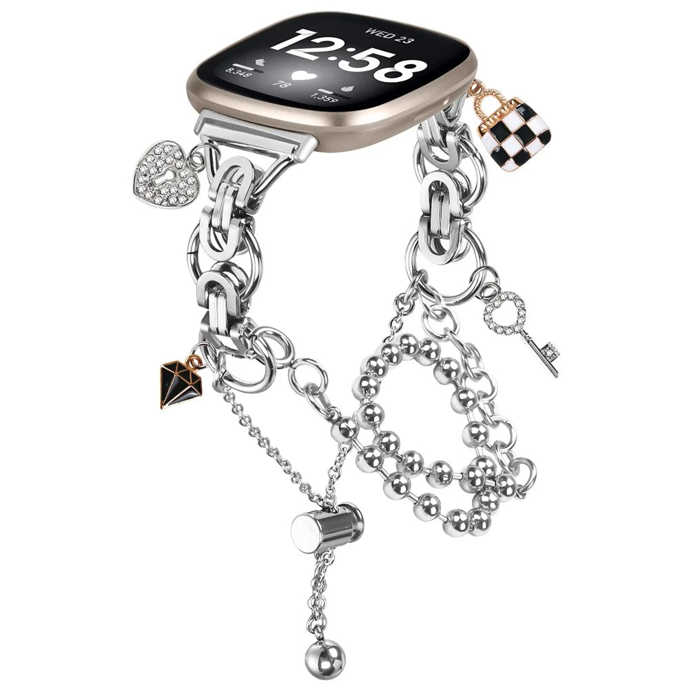 Silver Double Chain Link Metal Strap for Fitbit Versa 4 / Sense 2 Watch Band Drawstring Adjustable - 2