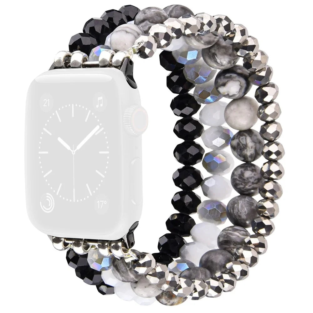 Beaded Replacement Strap for Apple Watch Series 11 10 42mm  /  9 8 7 41mm  /  SE3 SE2 SE 6 5 4 40mm  /  3 2 1 38mm Elegant Bracelet Watch Band with Metal Connector - Black - 1