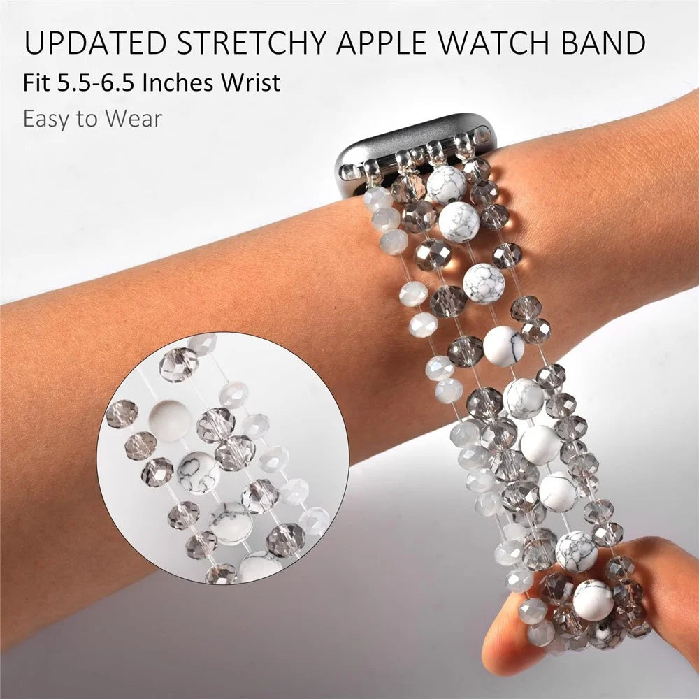 Beaded Replacement Strap for Apple Watch Series 11 10 42mm  /  9 8 7 41mm  /  SE3 SE2 SE 6 5 4 40mm  /  3 2 1 38mm Elegant Bracelet Watch Band with Metal Connector - Black - 3