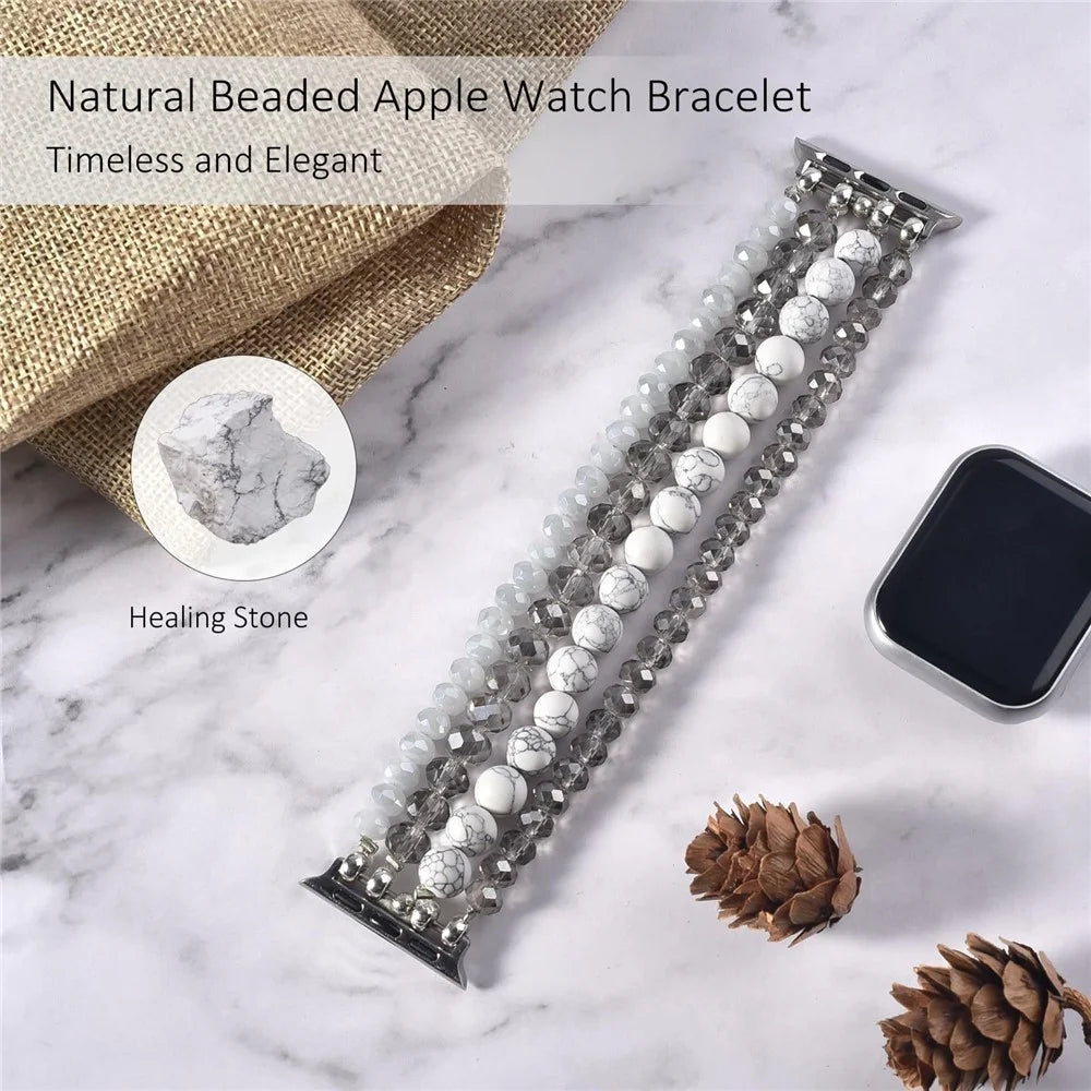 Beaded Replacement Strap for Apple Watch Series 11 10 42mm  /  9 8 7 41mm  /  SE3 SE2 SE 6 5 4 40mm  /  3 2 1 38mm Elegant Bracelet Watch Band with Metal Connector - Black - 4