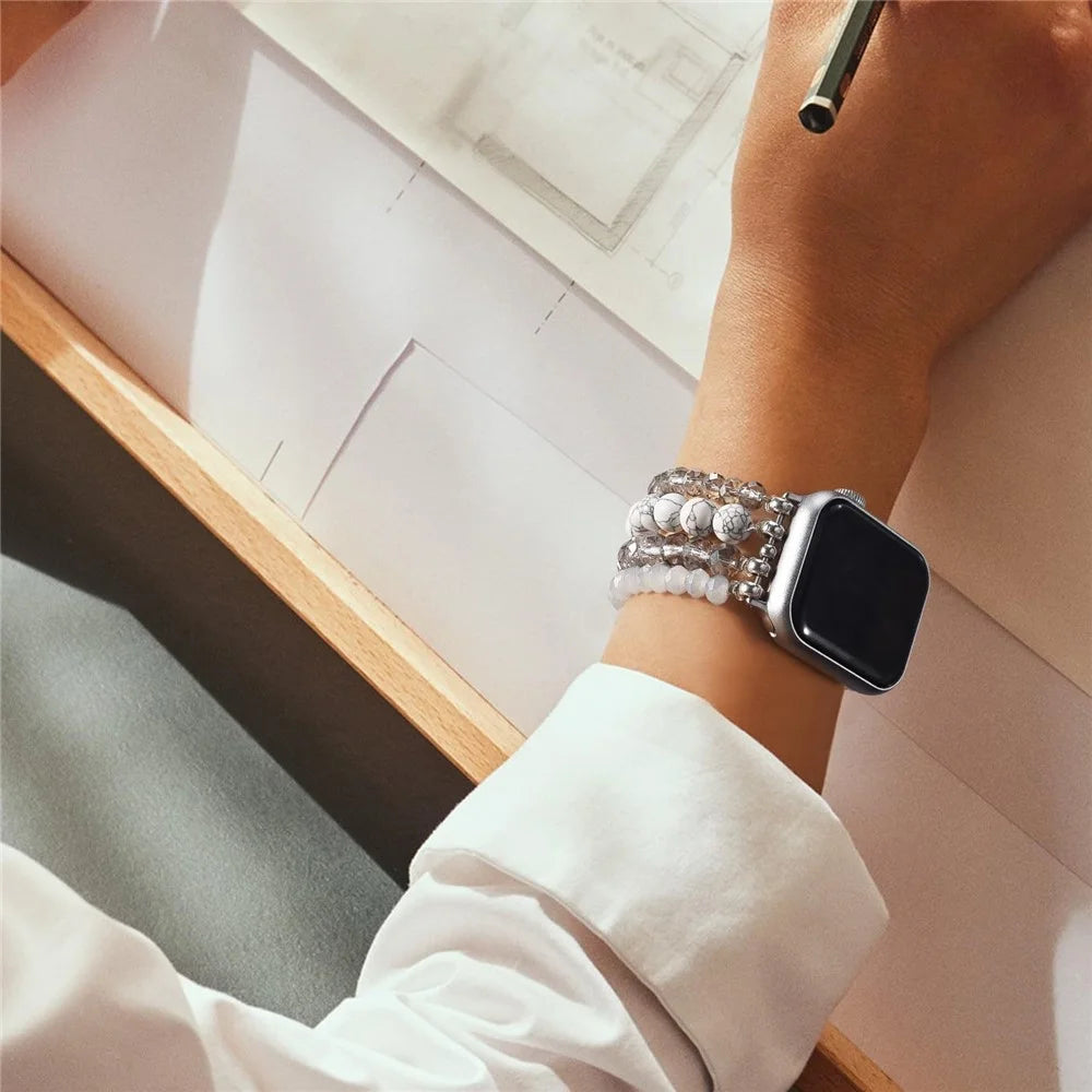 Beaded Replacement Strap for Apple Watch Series 11 10 42mm  /  9 8 7 41mm  /  SE3 SE2 SE 6 5 4 40mm  /  3 2 1 38mm Elegant Bracelet Watch Band with Metal Connector - Black - 6