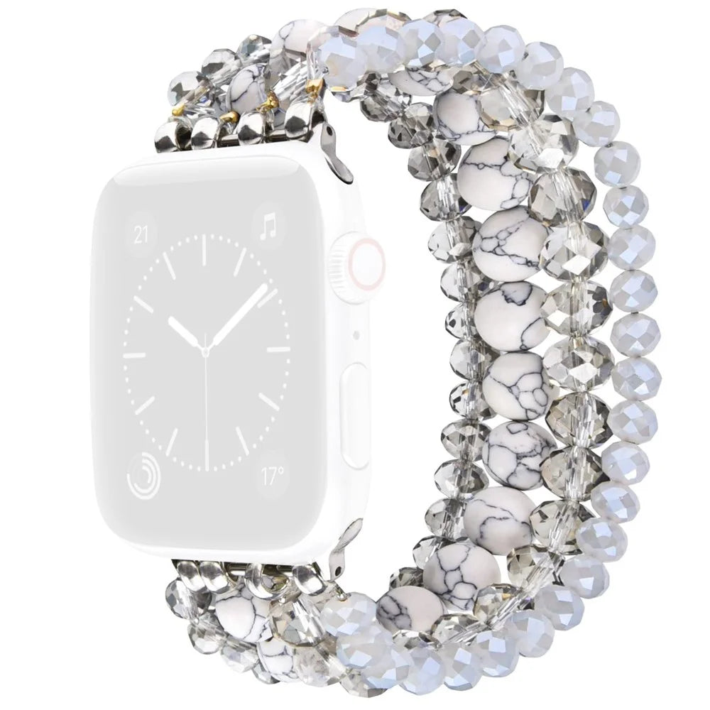 Beaded Replacement Strap for Apple Watch Ultra 3 2 1 49mm  /  Series 11 10 46mm  /  9 8 7 45mm  /  SE3 SE2 SE 6 5 4 44mm  /  3 2 1 42mm Elegant Bracelet Watch Band with Metal Connector - White - 1