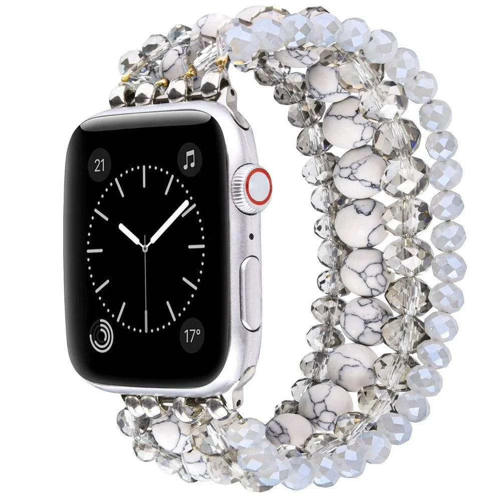 Beaded Replacement Strap for Apple Watch Ultra 3 2 1 49mm  /  Series 11 10 46mm  /  9 8 7 45mm  /  SE3 SE2 SE 6 5 4 44mm  /  3 2 1 42mm Elegant Bracelet Watch Band with Metal Connector - White - 2