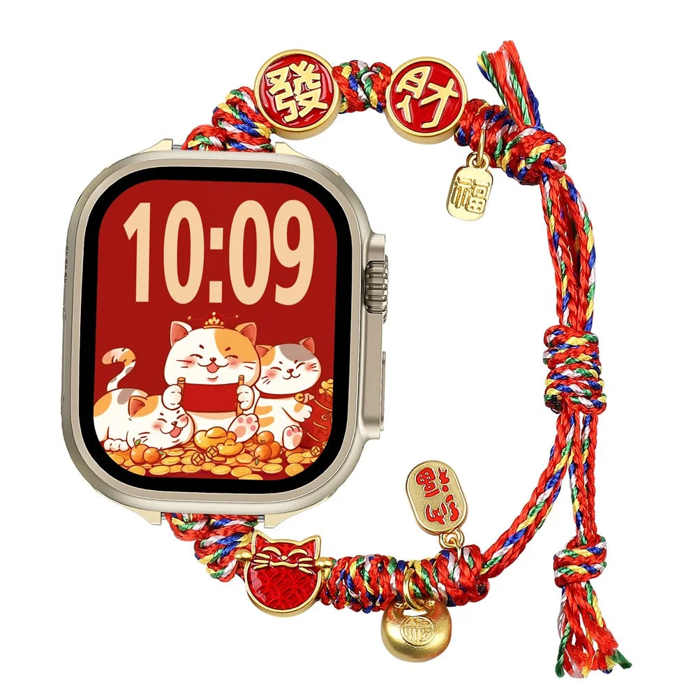 Chinese New Year Braided Strap for Apple Watch Series 11 10 42mm  /  9 8 7 41mm  /  SE3 SE2 SE 6 5 4 40mm  /  3 2 1 38mm Watch Band with Charms - Fortune Cat - 3