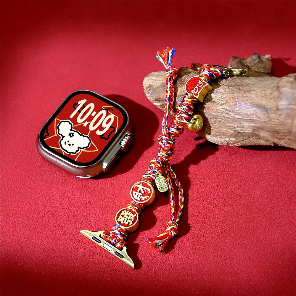 Chinese New Year Braided Strap for Apple Watch Series 11 10 42mm  /  9 8 7 41mm  /  SE3 SE2 SE 6 5 4 40mm  /  3 2 1 38mm Watch Band with Charms - Fortune Cat - 5