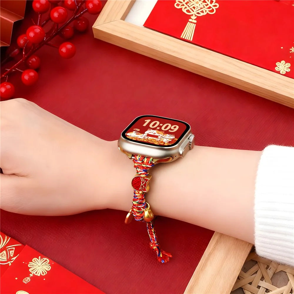 Chinese New Year Braided Strap for Apple Watch Series 11 10 42mm  /  9 8 7 41mm  /  SE3 SE2 SE 6 5 4 40mm  /  3 2 1 38mm Watch Band with Charms - Fortune Cat - 6