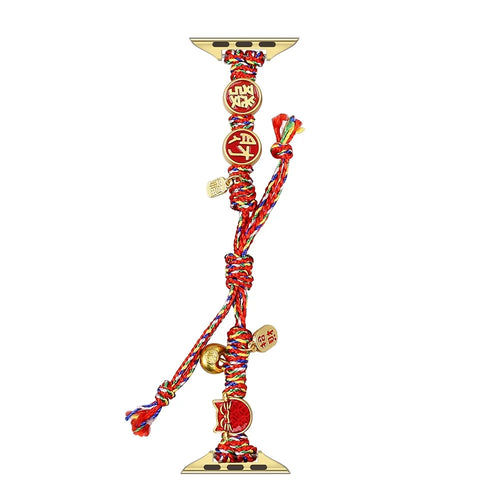 Chinese New Year Braided Strap for Apple Watch Ultra 3 2 1 49mm  /  Series 11 10 46mm  /  9 8 7 45mm  /  SE3 SE2 SE 6 5 4 44mm  /  3 2 1 42mm Watch Band with Charms - Fortune Cat - 1