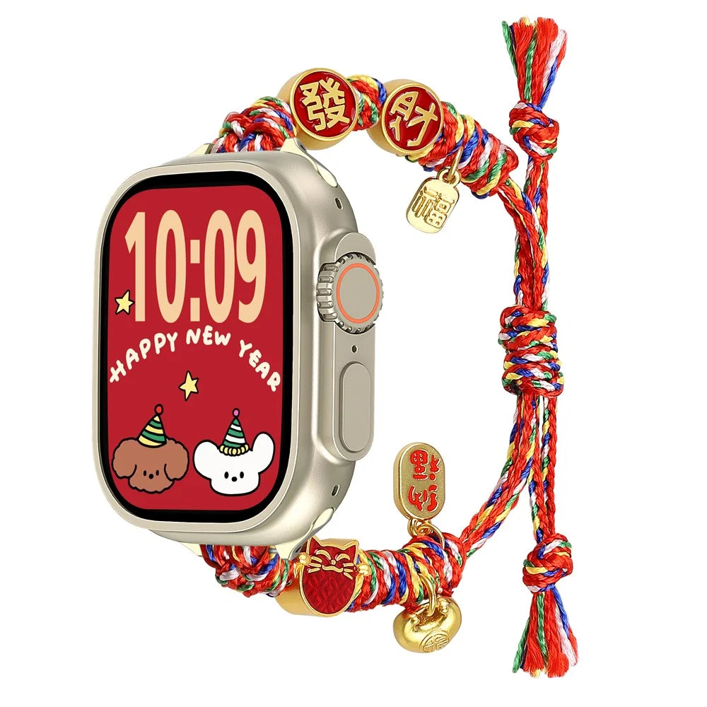 Chinese New Year Braided Strap for Apple Watch Ultra 3 2 1 49mm  /  Series 11 10 46mm  /  9 8 7 45mm  /  SE3 SE2 SE 6 5 4 44mm  /  3 2 1 42mm Watch Band with Charms - Fortune Cat - 2