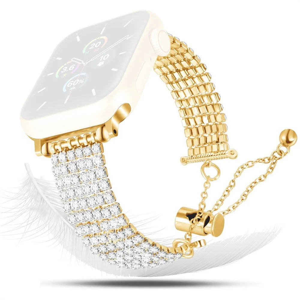 Rhinestone Decor Metal Strap for Apple Watch Series 11 10 42mm  /  9 8 7 41mm  /  SE3 SE2 SE 6 5 4 40mm  /  3 2 1 38mm Drawstring Adjustable Watch Band - Gold - 1