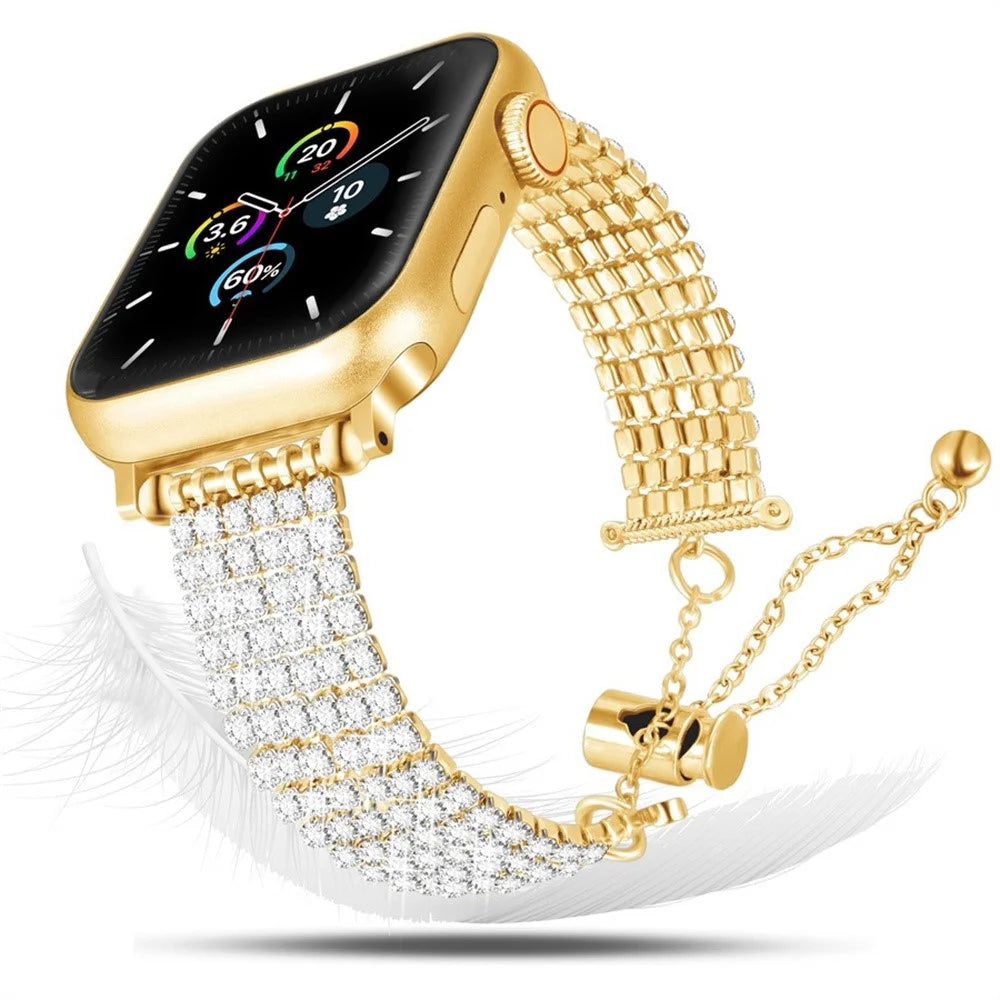 Rhinestone Decor Metal Strap for Apple Watch Series 11 10 42mm  /  9 8 7 41mm  /  SE3 SE2 SE 6 5 4 40mm  /  3 2 1 38mm Drawstring Adjustable Watch Band - Gold - 2