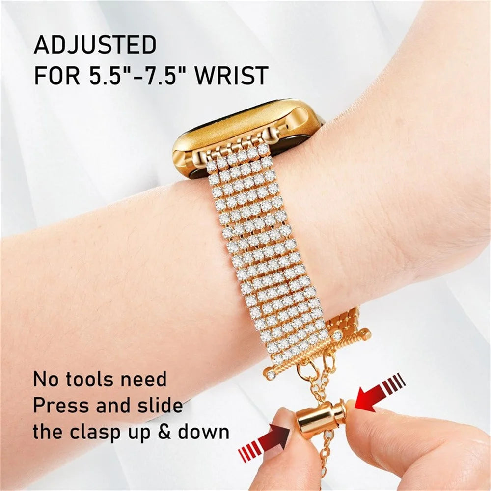 Rhinestone Decor Metal Strap for Apple Watch Series 11 10 42mm  /  9 8 7 41mm  /  SE3 SE2 SE 6 5 4 40mm  /  3 2 1 38mm Drawstring Adjustable Watch Band - Gold - 4