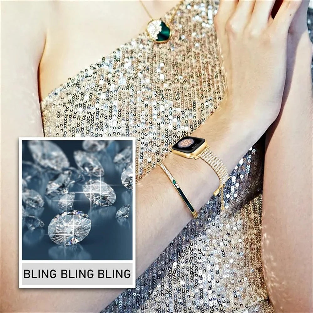 Rhinestone Decor Metal Strap for Apple Watch Series 11 10 42mm  /  9 8 7 41mm  /  SE3 SE2 SE 6 5 4 40mm  /  3 2 1 38mm Drawstring Adjustable Watch Band - Gold - 5
