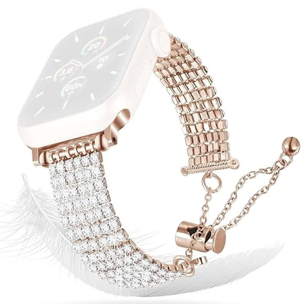 Rhinestone Decor Metal Strap for Apple Watch Ultra 3 2 1 49mm  /  Series 11 10 46mm  /  9 8 7 45mm  /  SE3 SE2 SE 6 5 4 44mm  /  3 2 1 42mm Drawstring Adjustable Watch Band - Rose Gold - 1