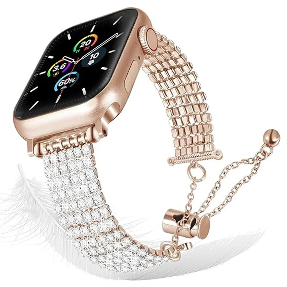 Rhinestone Decor Metal Strap for Apple Watch Ultra 3 2 1 49mm  /  Series 11 10 46mm  /  9 8 7 45mm  /  SE3 SE2 SE 6 5 4 44mm  /  3 2 1 42mm Drawstring Adjustable Watch Band - Rose Gold - 2