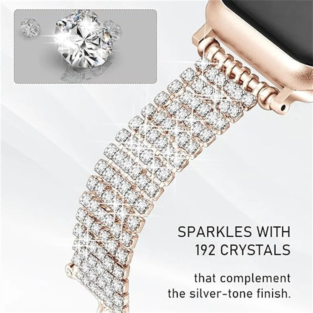 Rhinestone Decor Metal Strap for Apple Watch Ultra 3 2 1 49mm  /  Series 11 10 46mm  /  9 8 7 45mm  /  SE3 SE2 SE 6 5 4 44mm  /  3 2 1 42mm Drawstring Adjustable Watch Band - Rose Gold - 3
