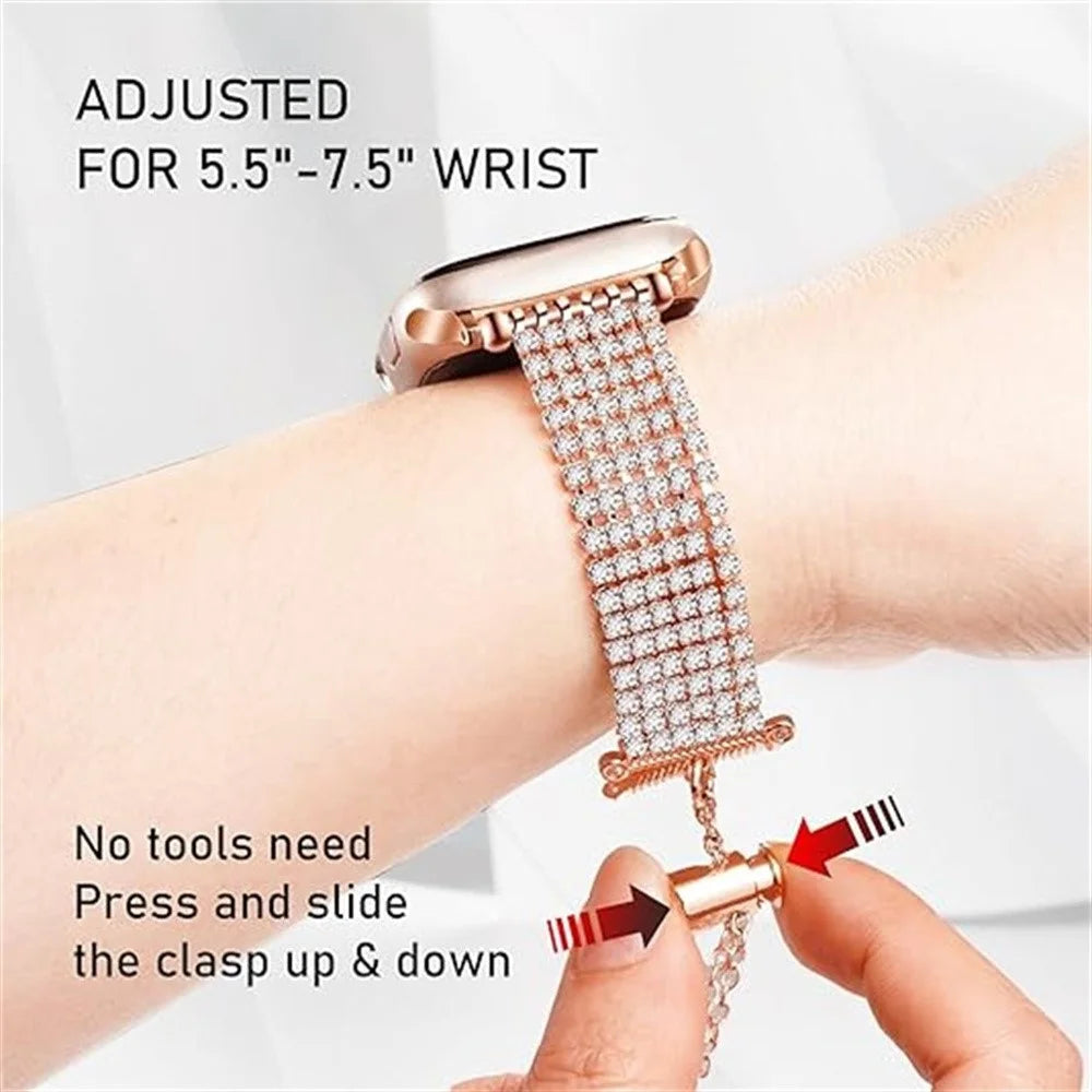 Rhinestone Decor Metal Strap for Apple Watch Ultra 3 2 1 49mm  /  Series 11 10 46mm  /  9 8 7 45mm  /  SE3 SE2 SE 6 5 4 44mm  /  3 2 1 42mm Drawstring Adjustable Watch Band - Rose Gold - 4