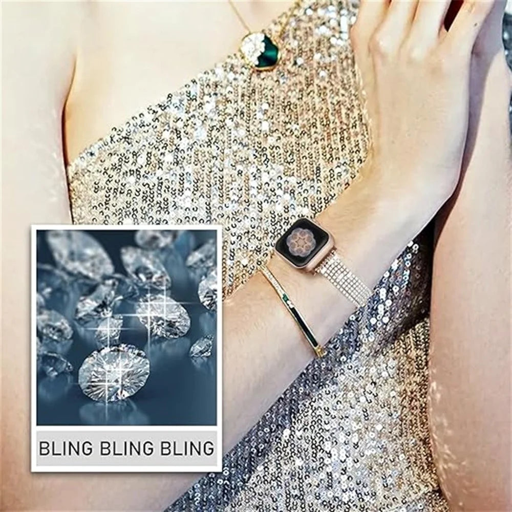 Rhinestone Decor Metal Strap for Apple Watch Ultra 3 2 1 49mm  /  Series 11 10 46mm  /  9 8 7 45mm  /  SE3 SE2 SE 6 5 4 44mm  /  3 2 1 42mm Drawstring Adjustable Watch Band - Rose Gold - 5