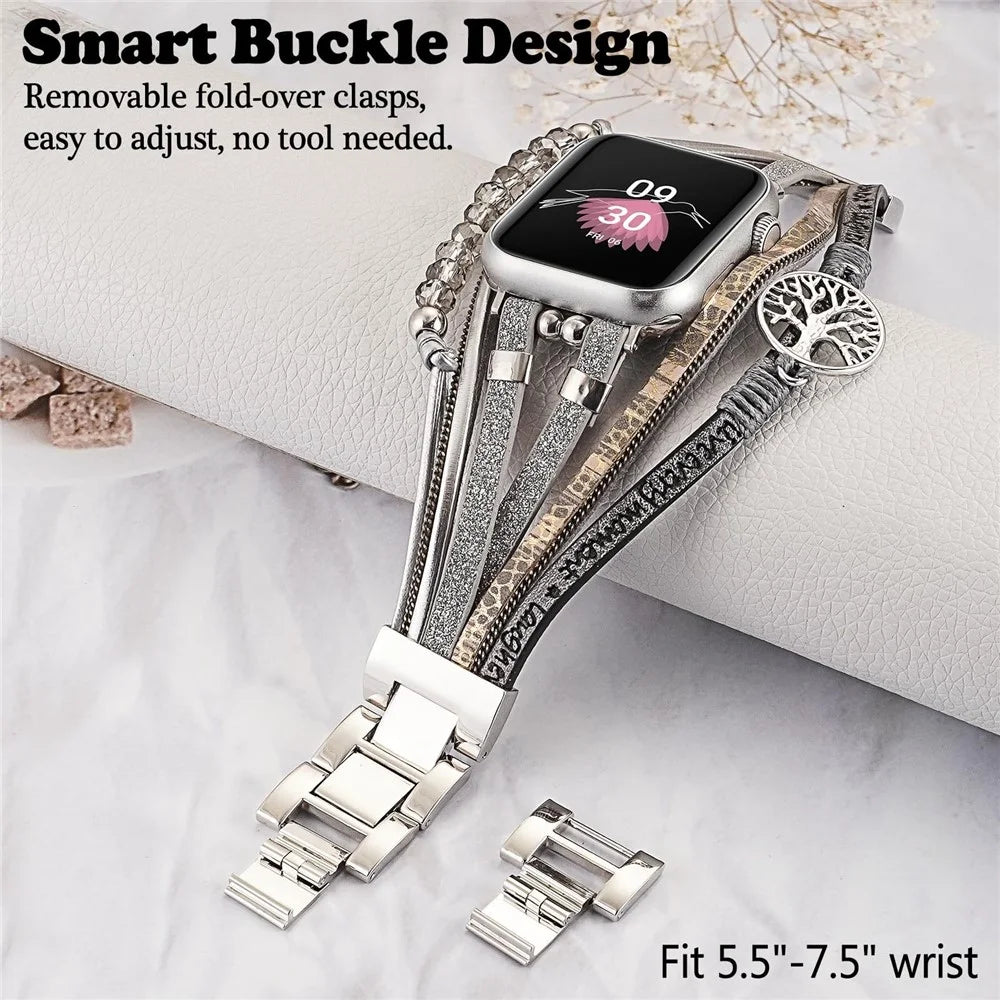 Genuine Leather + Metal Band for Apple Watch Ultra 3 2 1 49mm  /  Series 11 10 46mm  /  9 8 7 45mm  /  SE3 SE2 SE 6 5 4 44mm  /  3 2 1 42mm Multi-layer Bracelet Wrist Strap with Folding Clasp - Grey - 3
