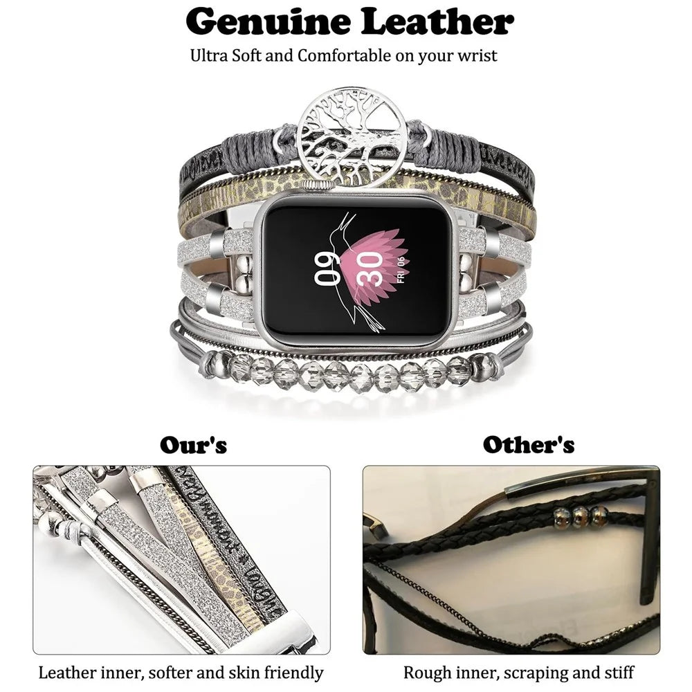 Genuine Leather + Metal Band for Apple Watch Ultra 3 2 1 49mm  /  Series 11 10 46mm  /  9 8 7 45mm  /  SE3 SE2 SE 6 5 4 44mm  /  3 2 1 42mm Multi-layer Bracelet Wrist Strap with Folding Clasp - Grey - 6