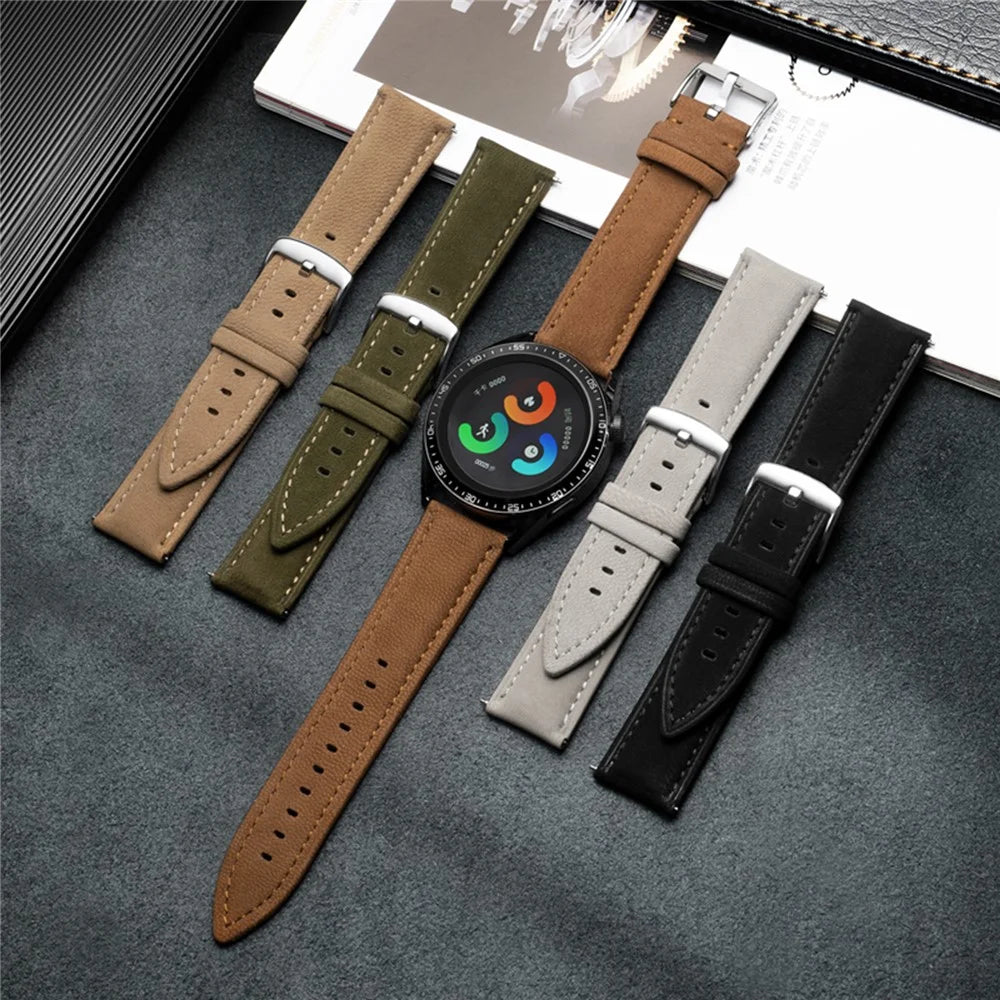 22mm Top Layer Genuine Cow Leather Strap for Huawei Watch GT 5 Pro / 5 / 4 46mm / Samsung Galaxy Watch3 45mm Quick Release Watch Band - Army Green - 4