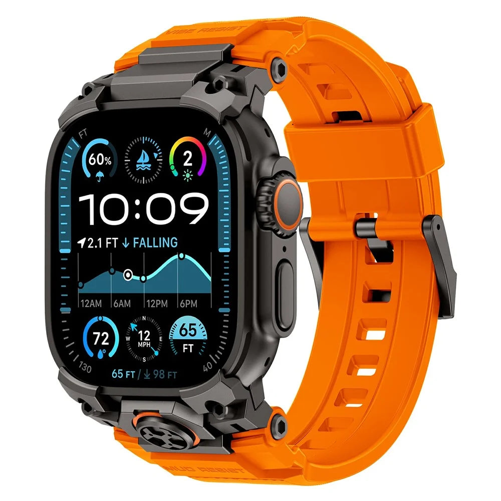 Armor Style Watch Strap for Apple Watch Ultra 3 2 1 49mm  /  Series 11 10 46mm  /  9 8 7 45mm  /  SE3 SE2 SE 6 5 4 44mm  /  3 2 1 42mm Metal + Silicone Adjustable Band - Black / Orange - 2