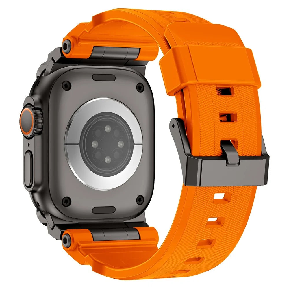 Armor Style Watch Strap for Apple Watch Ultra 3 2 1 49mm  /  Series 11 10 46mm  /  9 8 7 45mm  /  SE3 SE2 SE 6 5 4 44mm  /  3 2 1 42mm Metal + Silicone Adjustable Band - Black / Orange - 3