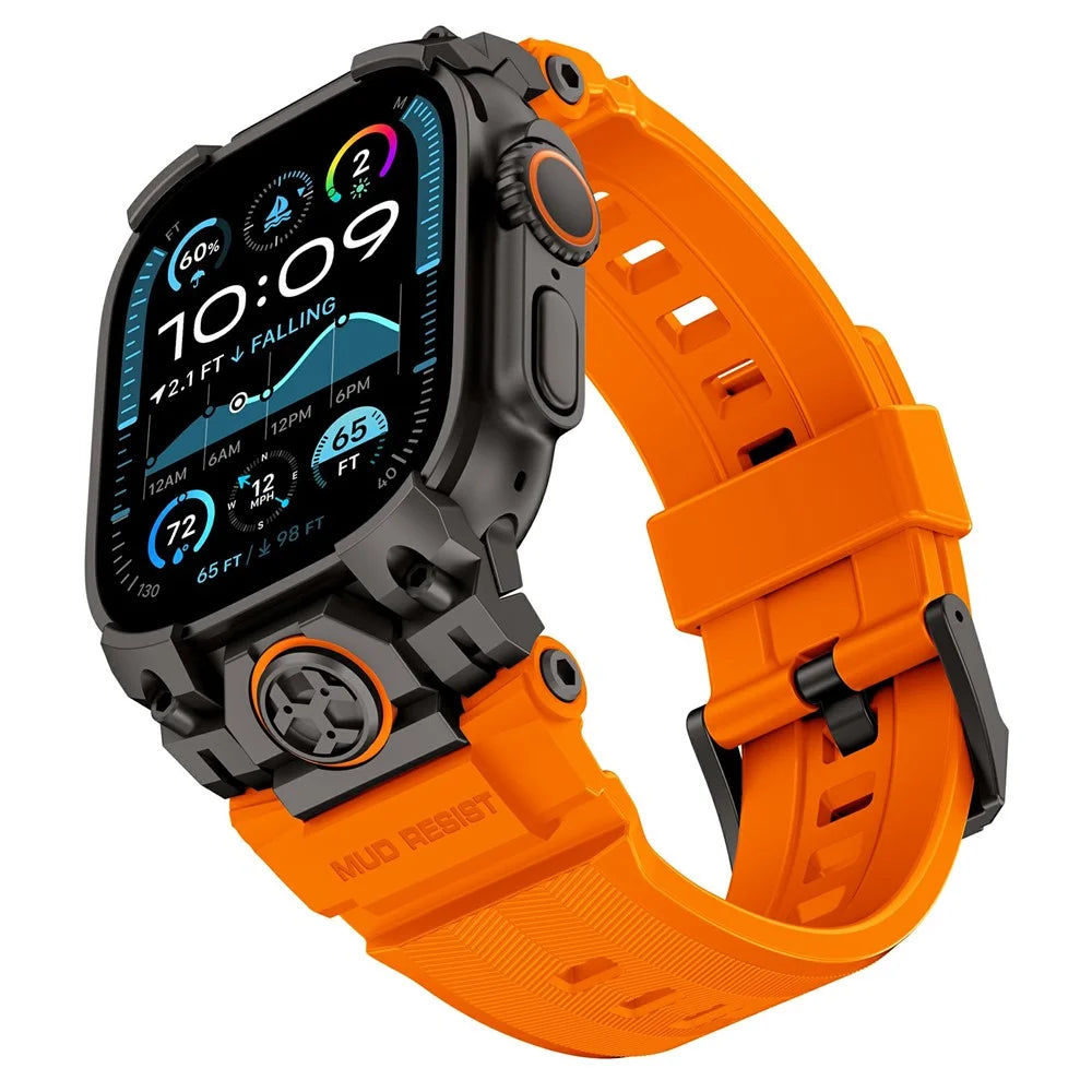 Armor Style Watch Strap for Apple Watch Ultra 3 2 1 49mm  /  Series 11 10 46mm  /  9 8 7 45mm  /  SE3 SE2 SE 6 5 4 44mm  /  3 2 1 42mm Metal + Silicone Adjustable Band - Black / Orange - 4