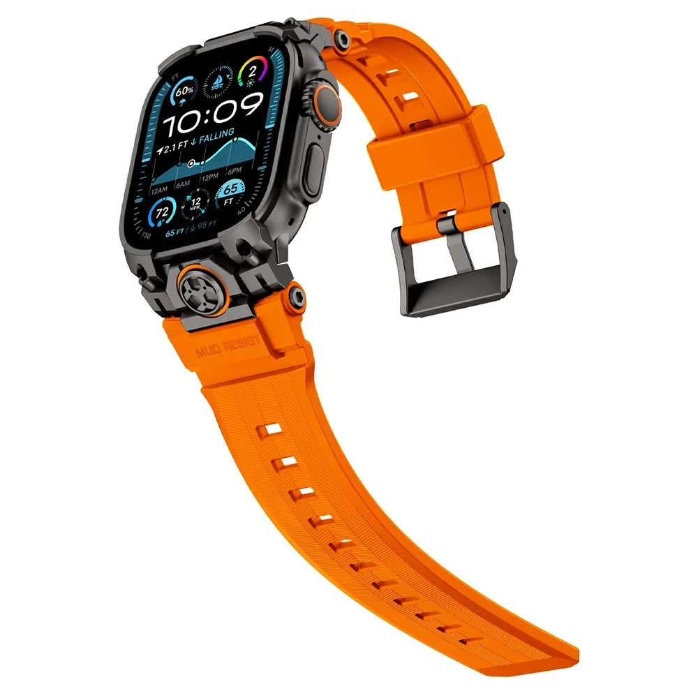 Armor Style Watch Strap for Apple Watch Ultra 3 2 1 49mm  /  Series 11 10 46mm  /  9 8 7 45mm  /  SE3 SE2 SE 6 5 4 44mm  /  3 2 1 42mm Metal + Silicone Adjustable Band - Black / Orange - 5