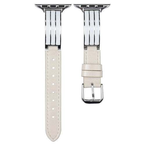 Textured Genuine Leather + Metal Strap for Apple Watch Series 11 10 42mm  /  9 8 7 41mm  /  SE3 SE2 SE 6 5 4 40mm  /  3 2 1 38mm Adjustable Watch Band - Beige / Silver Buckle - 1
