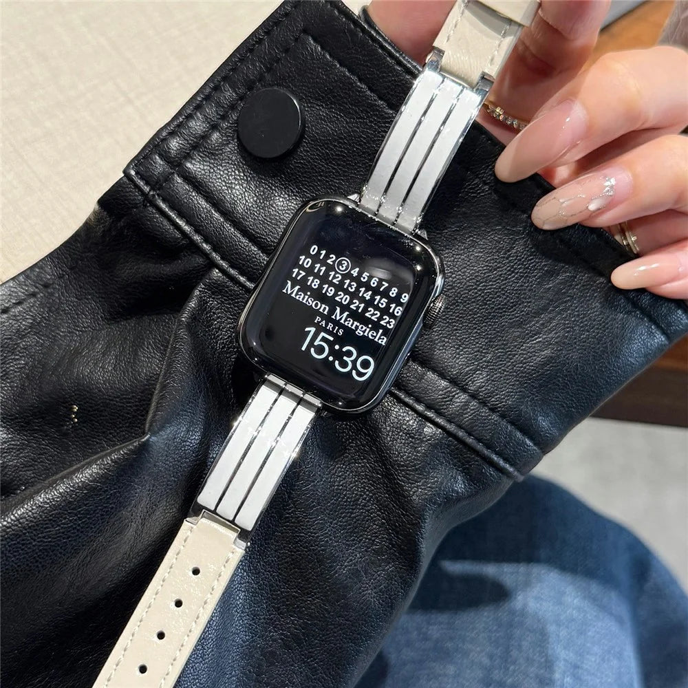 Textured Genuine Leather + Metal Strap for Apple Watch Series 11 10 42mm  /  9 8 7 41mm  /  SE3 SE2 SE 6 5 4 40mm  /  3 2 1 38mm Adjustable Watch Band - Beige / Silver Buckle - 2