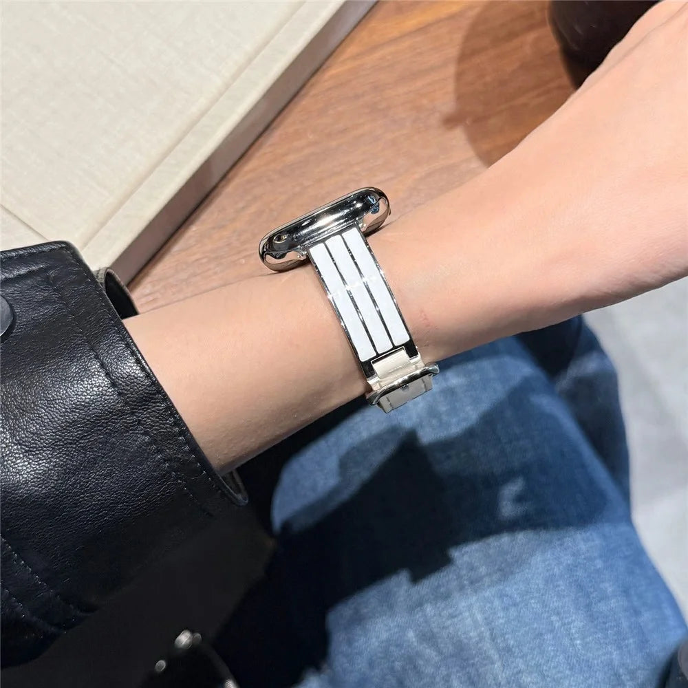 Textured Genuine Leather + Metal Strap for Apple Watch Series 11 10 42mm  /  9 8 7 41mm  /  SE3 SE2 SE 6 5 4 40mm  /  3 2 1 38mm Adjustable Watch Band - Beige / Silver Buckle - 5