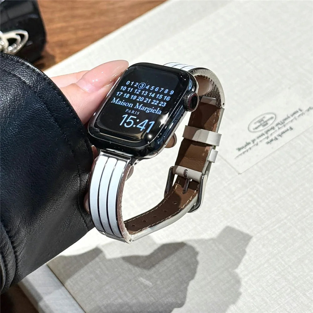 Textured Genuine Leather + Metal Strap for Apple Watch Ultra 3 2 1 49mm  /  Series 11 10 46mm  /  9 8 7 45mm  /  SE3 SE2 SE 6 5 4 44mm  /  3 2 1 42mm Adjustable Watch Band - Beige / Silver Buckle - 3
