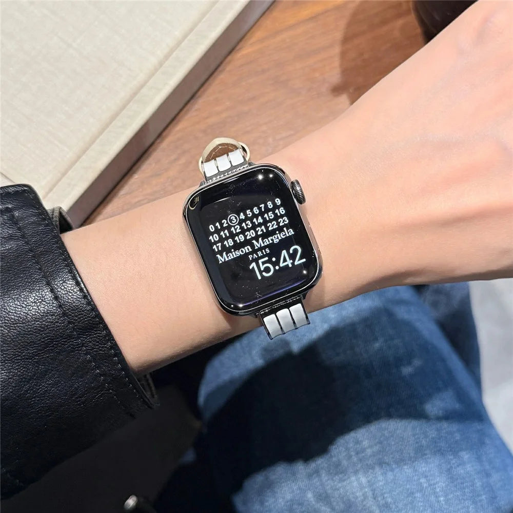 Textured Genuine Leather + Metal Strap for Apple Watch Ultra 3 2 1 49mm  /  Series 11 10 46mm  /  9 8 7 45mm  /  SE3 SE2 SE 6 5 4 44mm  /  3 2 1 42mm Adjustable Watch Band - Beige / Silver Buckle - 4