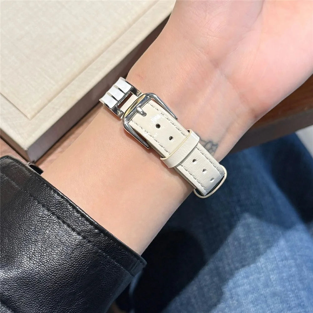 Textured Genuine Leather + Metal Strap for Apple Watch Ultra 3 2 1 49mm  /  Series 11 10 46mm  /  9 8 7 45mm  /  SE3 SE2 SE 6 5 4 44mm  /  3 2 1 42mm Adjustable Watch Band - Beige / Silver Buckle - 6