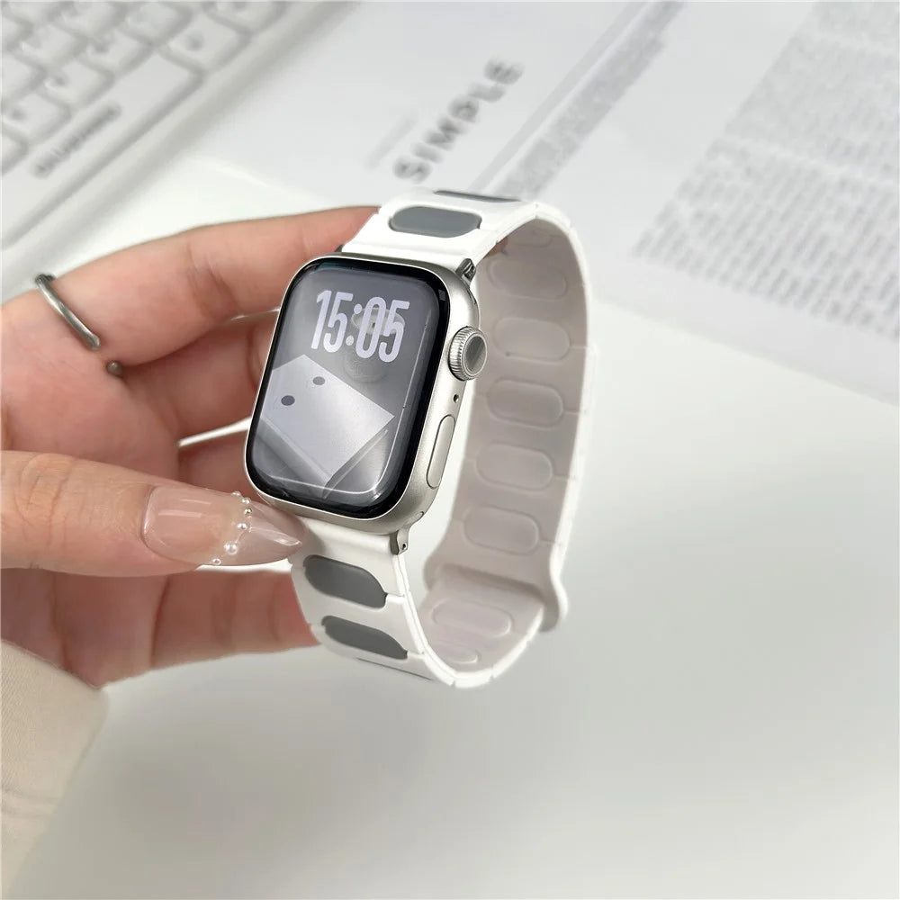 Oval Design Magnetic Strap for Apple Watch Ultra 3 2 1 49mm  /  Series 11 10 46mm  /  9 8 7 45mm  /  SE3 SE2 SE 6 5 4 44mm  /  3 2 1 42mm Silicone Watch Band Dual Color - White / Grey - 3