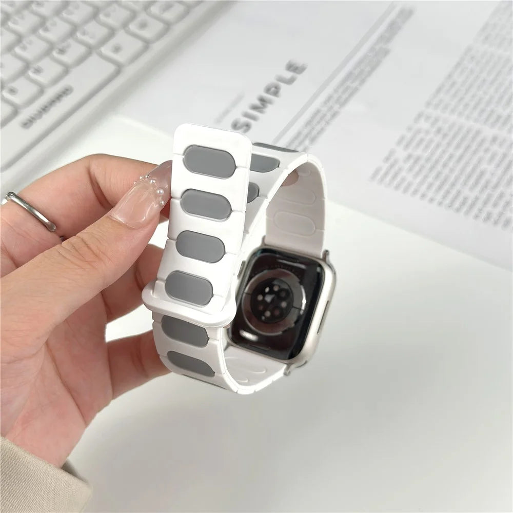 Oval Design Magnetic Strap for Apple Watch Series 11 10 42mm  /  9 8 7 41mm  /  SE3 SE2 SE 6 5 4 40mm  /  3 2 1 38mm Silicone Watch Band Dual Color - White / Grey - 4