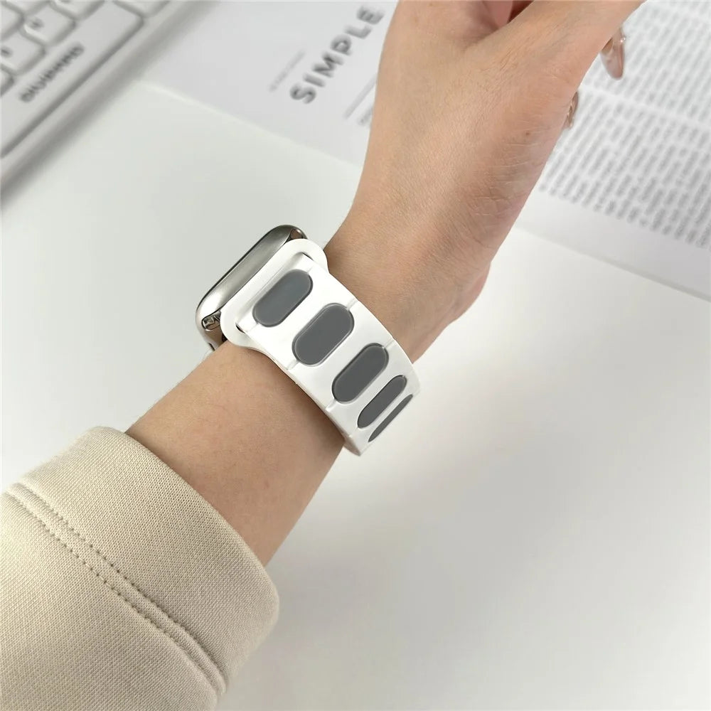 Oval Design Magnetic Strap for Apple Watch Series 11 10 42mm  /  9 8 7 41mm  /  SE3 SE2 SE 6 5 4 40mm  /  3 2 1 38mm Silicone Watch Band Dual Color - White / Grey - 5