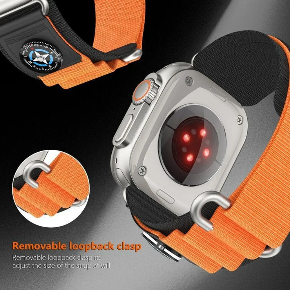 Nylon Band with Compass for Apple Watch Ultra 3 2 1 49mm  /  Series 11 10 46mm  /  9 8 7 45mm  /  SE3 SE2 SE 6 5 4 44mm  /  3 2 1 42mm Adjustable Magic Tape Watch Strap - Black / Orange - 4