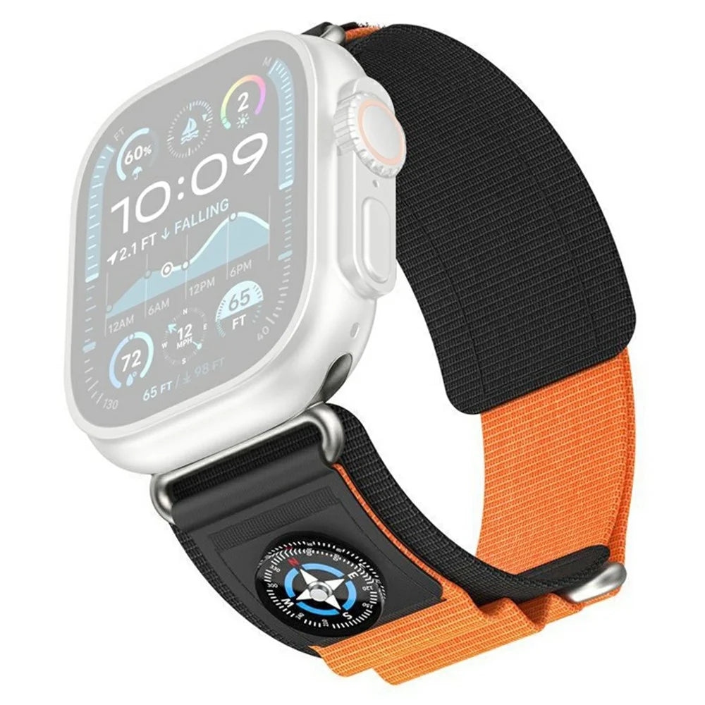 Nylon Band with Compass for Apple Watch Series 11 10 42mm  /  9 8 7 41mm  /  SE3 SE2 SE 6 5 4 40mm  /  3 2 1 38mm Adjustable Magic Tape Watch Strap - Black / Orange - 1