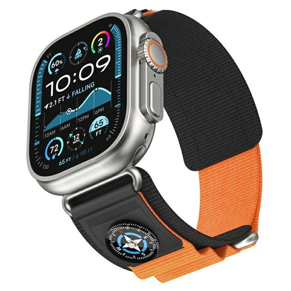 Nylon Band with Compass for Apple Watch Series 11 10 42mm  /  9 8 7 41mm  /  SE3 SE2 SE 6 5 4 40mm  /  3 2 1 38mm Adjustable Magic Tape Watch Strap - Black / Orange - 2