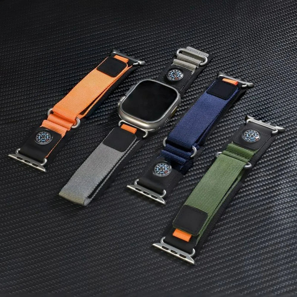 Nylon Band with Compass for Apple Watch Series 11 10 42mm  /  9 8 7 41mm  /  SE3 SE2 SE 6 5 4 40mm  /  3 2 1 38mm Adjustable Magic Tape Watch Strap - Black / Orange - 5
