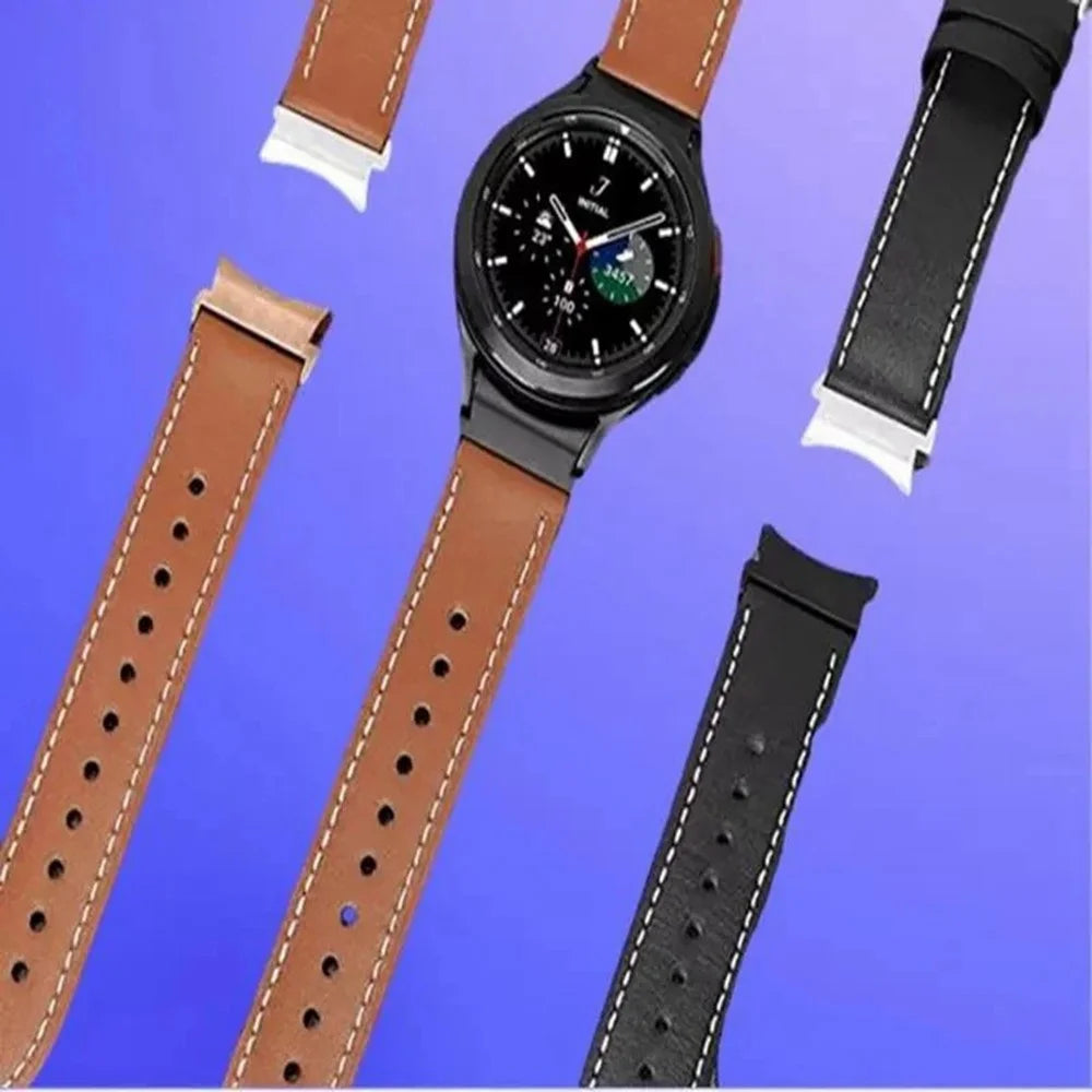 Fiber Leather Strap with Connector for Samsung Galaxy Watch7 / 6 40mm 44mm / 6 Classic 43mm / 47mm / 5 Pro 45mm5 / 4 40mm 44mm / 4 Classic 42mm / 46mm Stitching Line Quick Release Watch Band - Brown - 6