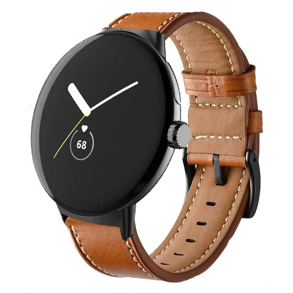 Fiber Leather Watch Band for Google Pixel Watch 4 45mm / Watch 3 45mm Stitching Line Quick Release Replacement Strap - Brown - 2