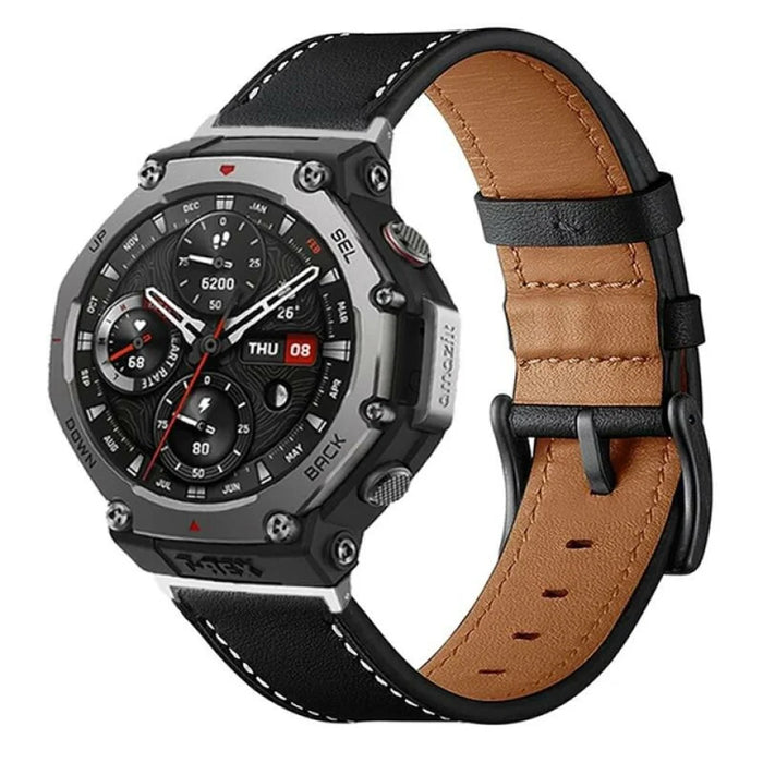 Fiber Leather Watch Band for Huami Amazfit T-Rex 2 Stitching Line Quick Release Replacement Strap - Black - 4