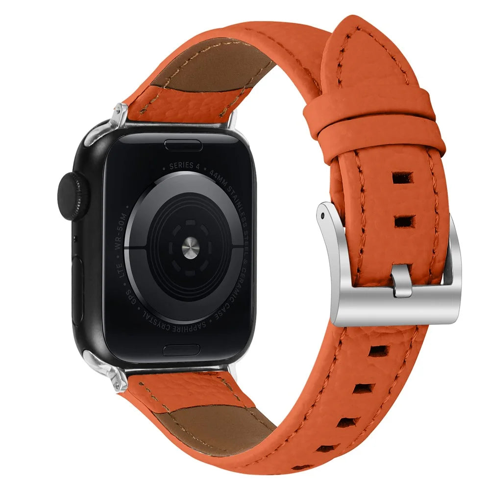 Litchi Textured Genuine Leather Strap for Apple Watch Ultra 3 2 1 49mm  /  Series 11 10 46mm  /  9 8 7 45mm  /  SE3 SE2 SE 6 5 4 44mm  /  3 2 1 42mm Pointed-End Watch Band with Silver Buckle - Orange - 1