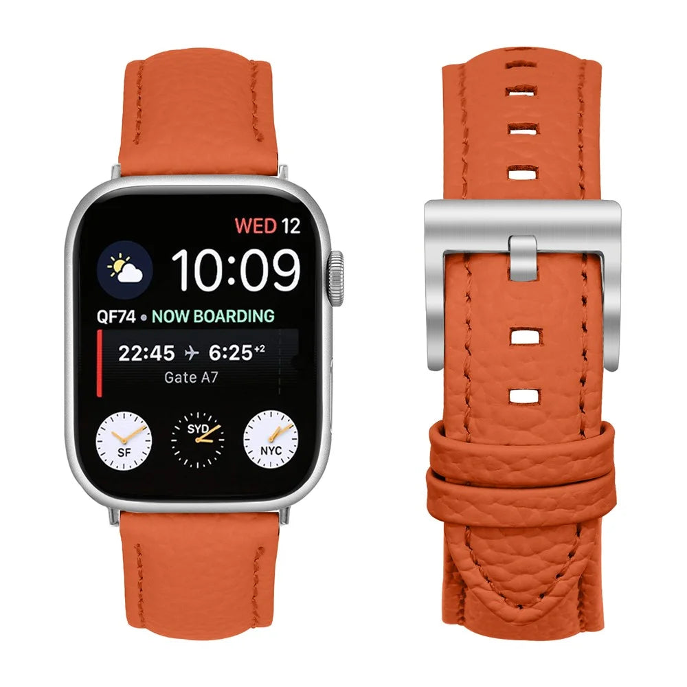 Litchi Textured Genuine Leather Strap for Apple Watch Ultra 3 2 1 49mm  /  Series 11 10 46mm  /  9 8 7 45mm  /  SE3 SE2 SE 6 5 4 44mm  /  3 2 1 42mm Pointed-End Watch Band with Silver Buckle - Orange - 2