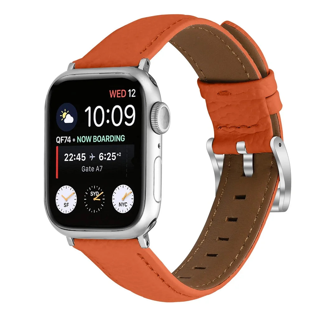 Litchi Textured Genuine Leather Strap for Apple Watch Ultra 3 2 1 49mm  /  Series 11 10 46mm  /  9 8 7 45mm  /  SE3 SE2 SE 6 5 4 44mm  /  3 2 1 42mm Pointed-End Watch Band with Silver Buckle - Orange - 3